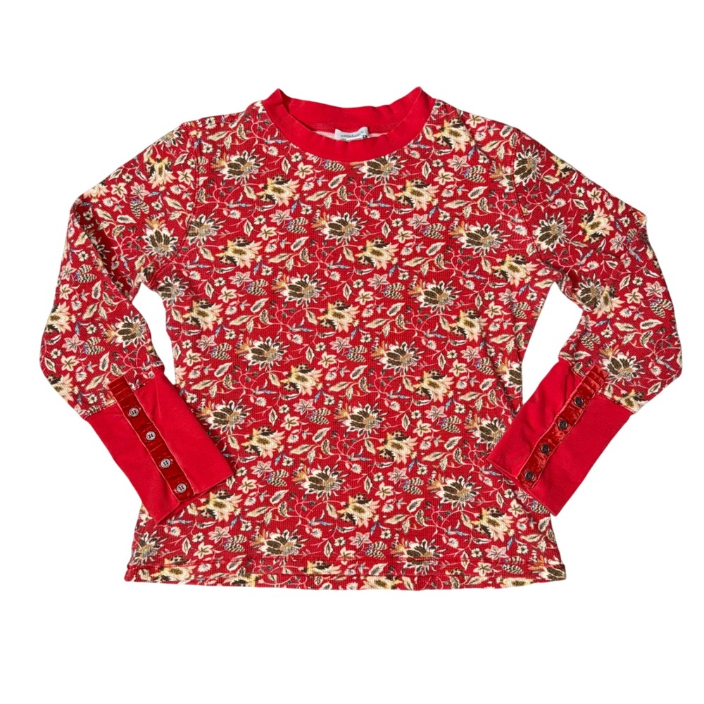 Sundance Thermal Knit Top Women Large Red Floral Velvet Button Cuff Excellent